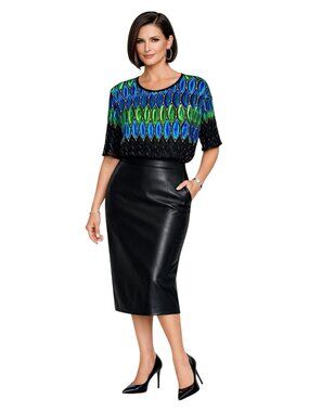 Vintage Stenay Sequined Black 100% Silk Top Green Blue Peacock Glam Party Women